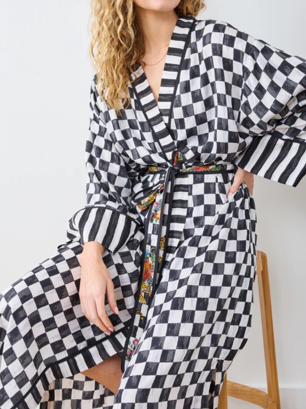 Printfresh Black & White Checkered Kimono Robe with Floral Lining